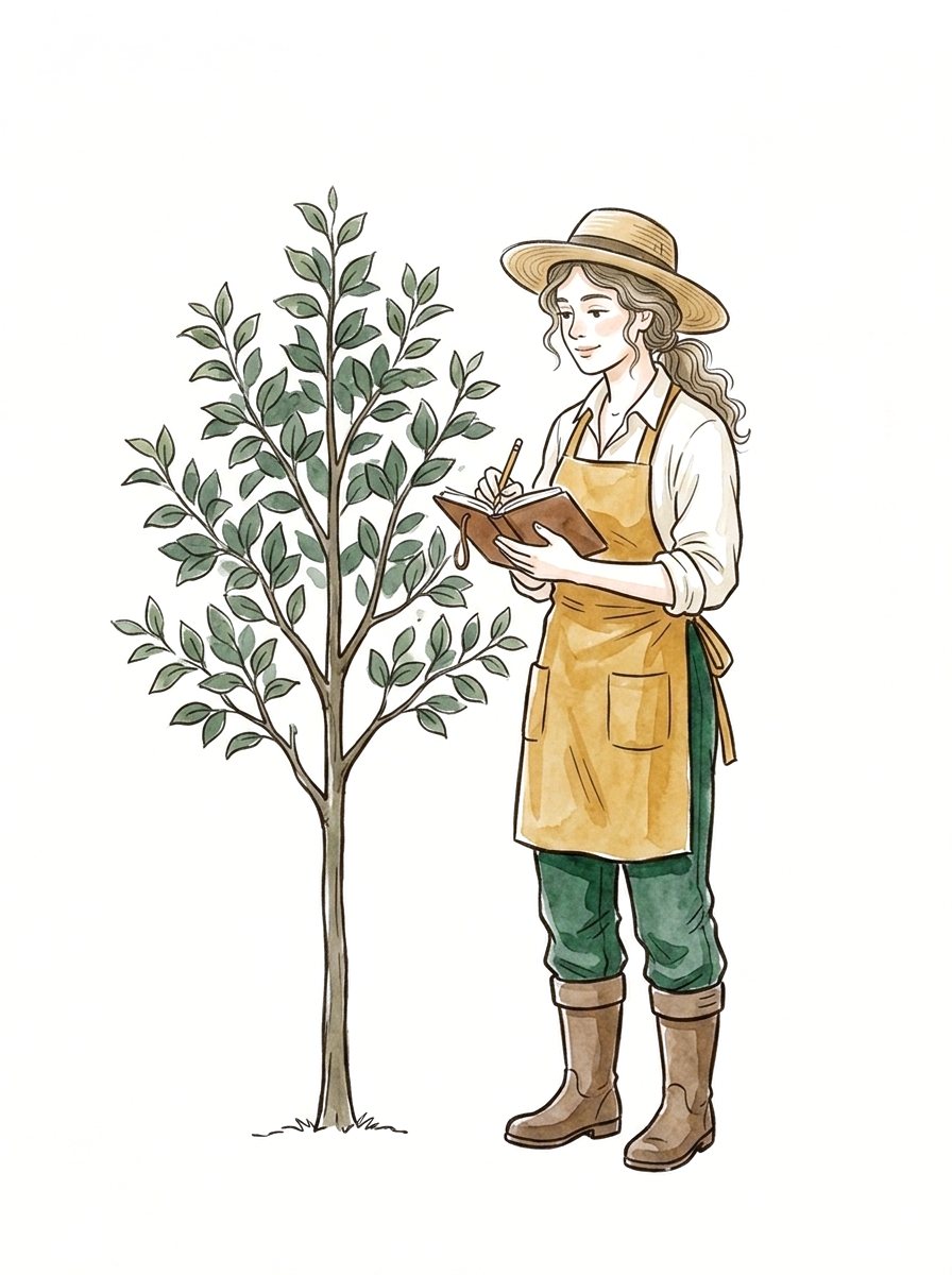 Ink and watercolor illustration of a young gardener taking notes beside a grown tree