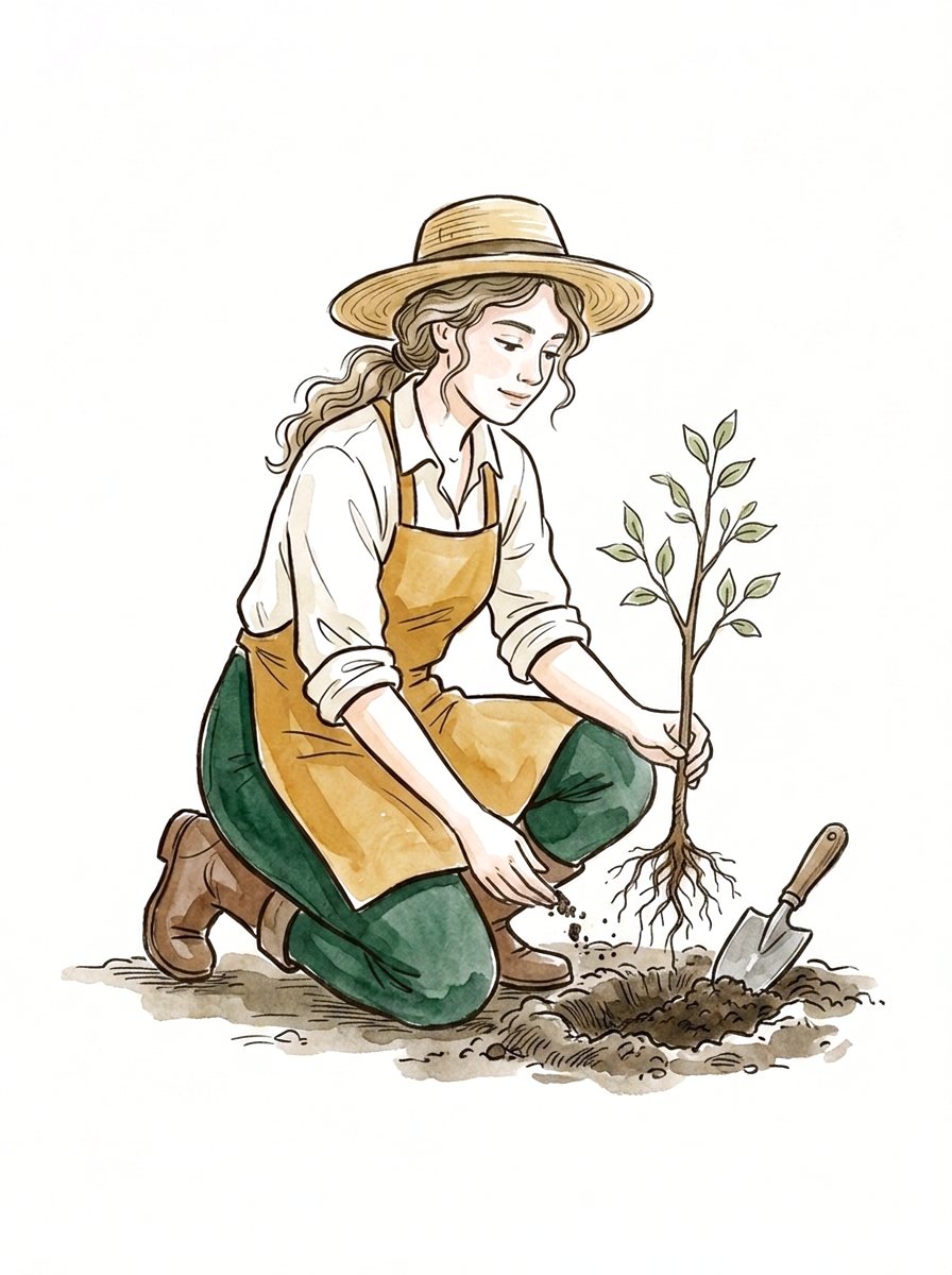 Ink and watercolor illustration of a young gardener kneeling to plant a young sapling