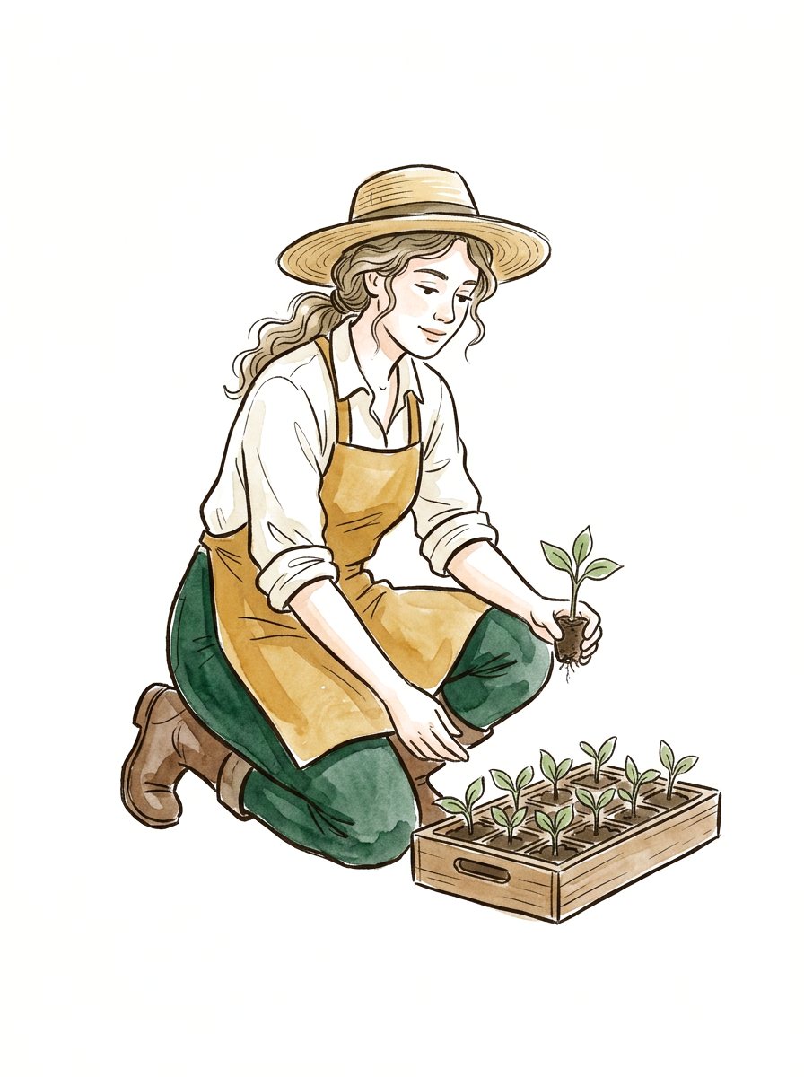 Ink and watercolor illustration of a young gardener kneeling with a tray of seedlings
